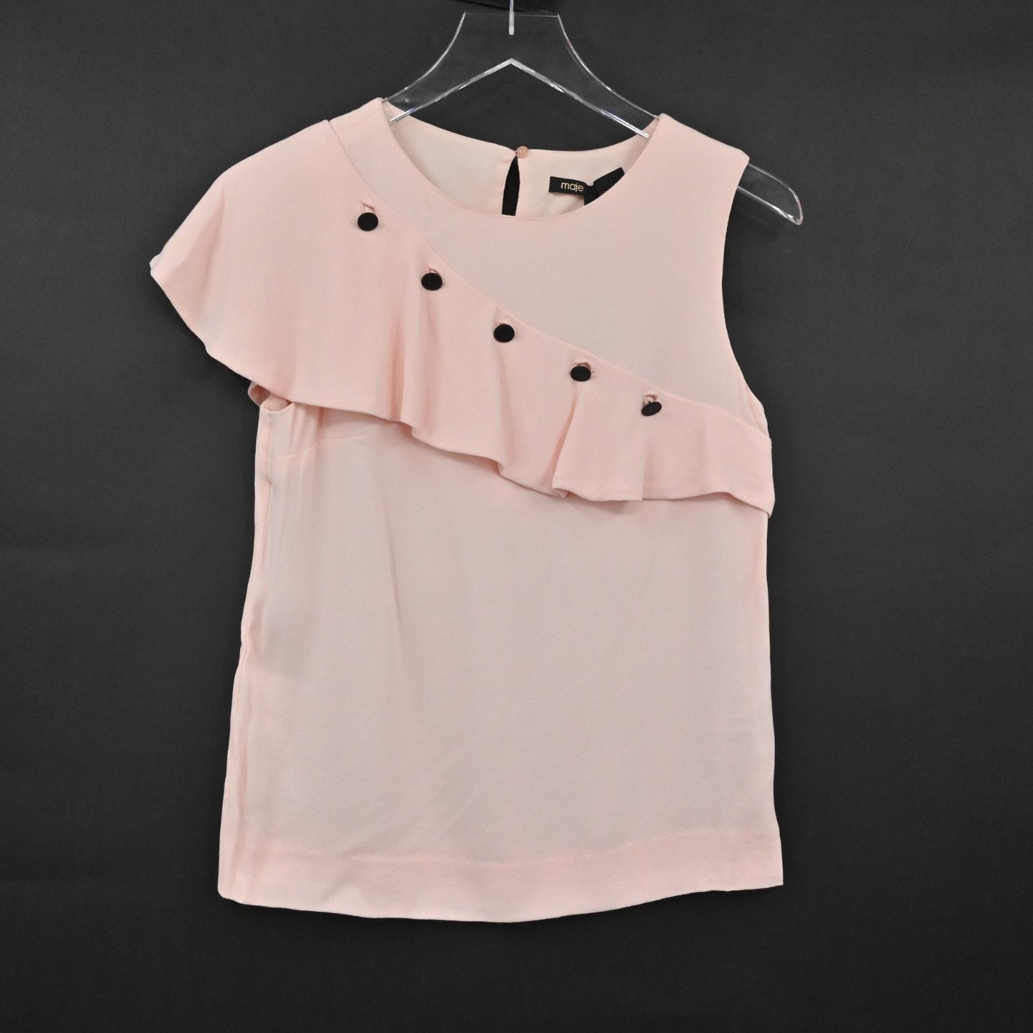 MAJE Womens Lorena Pink Ruffle Top Size S Sleeveless Coquette Black Buttons NEW