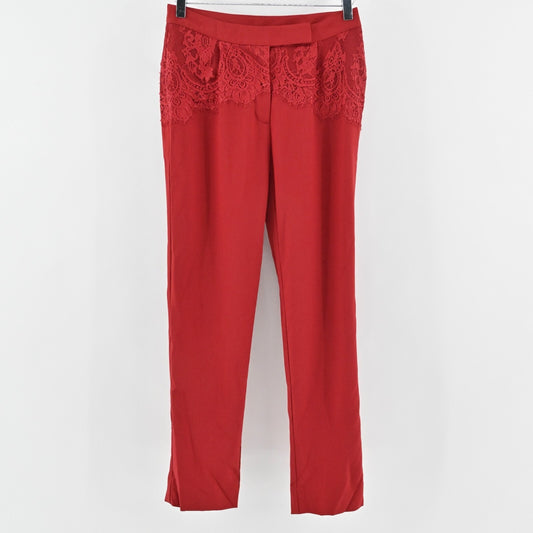 AIJEK Womens Red Pants Size S Lace Detail Straight Stretch Mid Rise Trousers