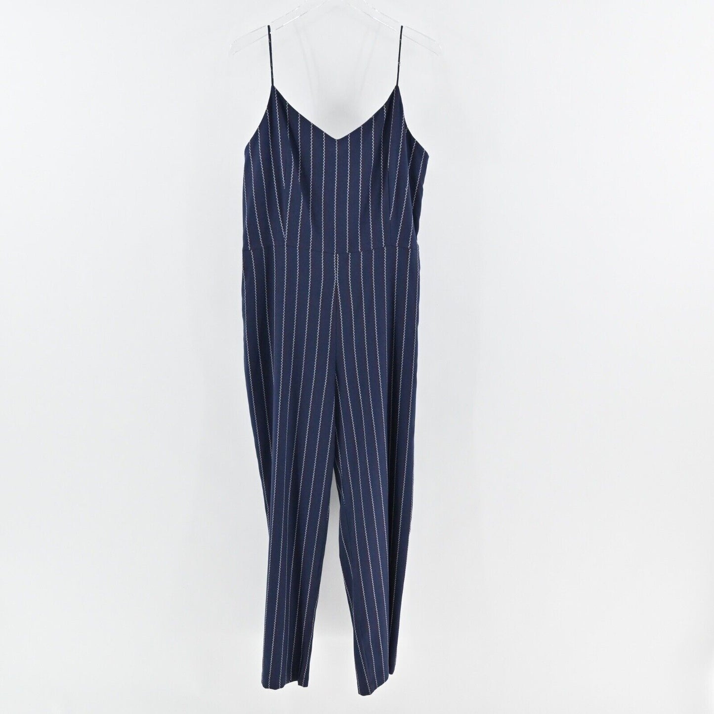 GANNI Jumpsuit Womens Size 42 Navy Blue Stripe Spaghetti Strap V Neck Wide Leg