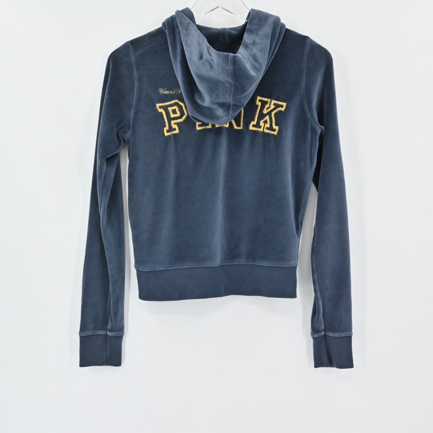 PINK Victorias Secret Womens Velour Hoodie Sz S Slate Embroidered Sorority Zip