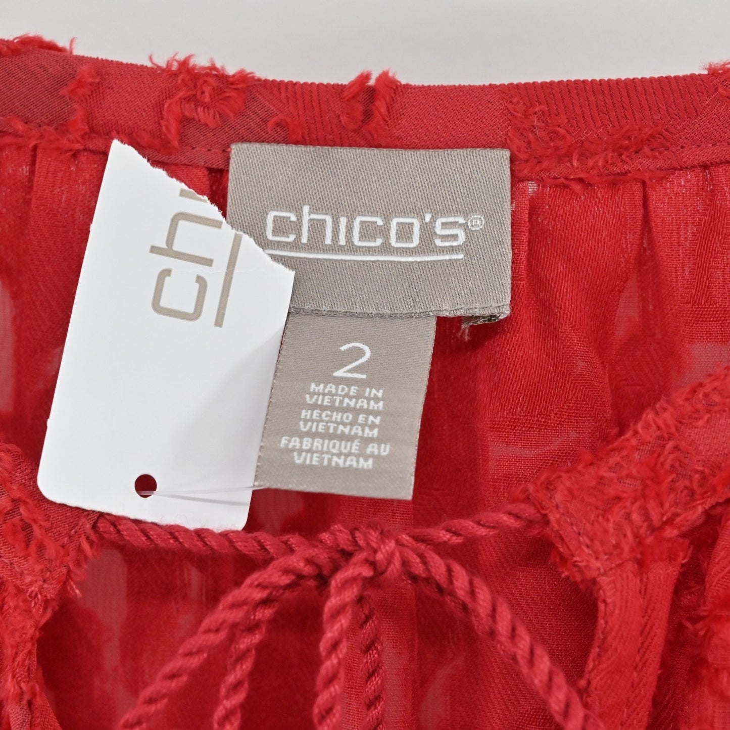 Chicos Clipped Jacquard Tie Front Top Size L Razzie Red Popover Balloon Sleeve