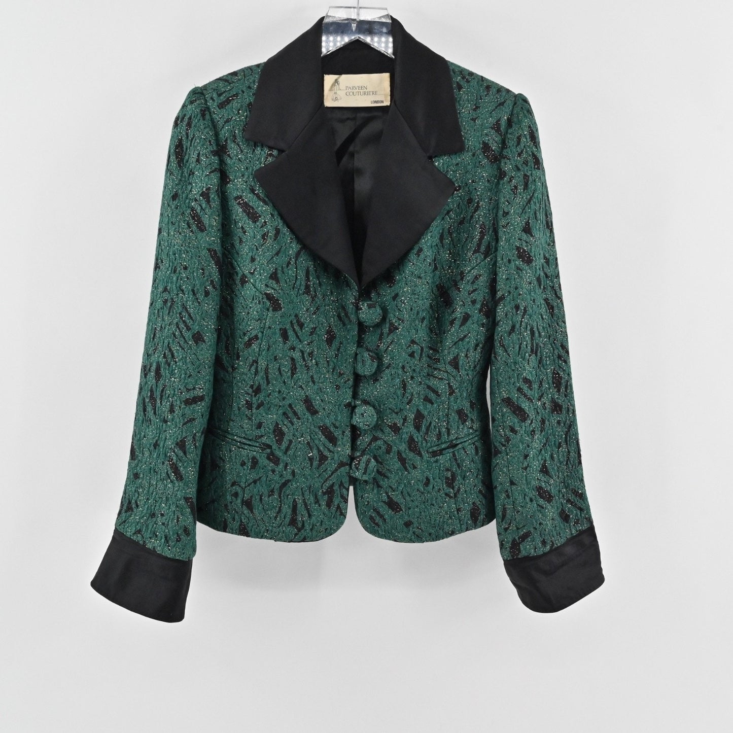 Vtg 80s PARVEEN COUTURIERE Womens Shimmer Jacquard Skirt Suit Sz 12 Green Career