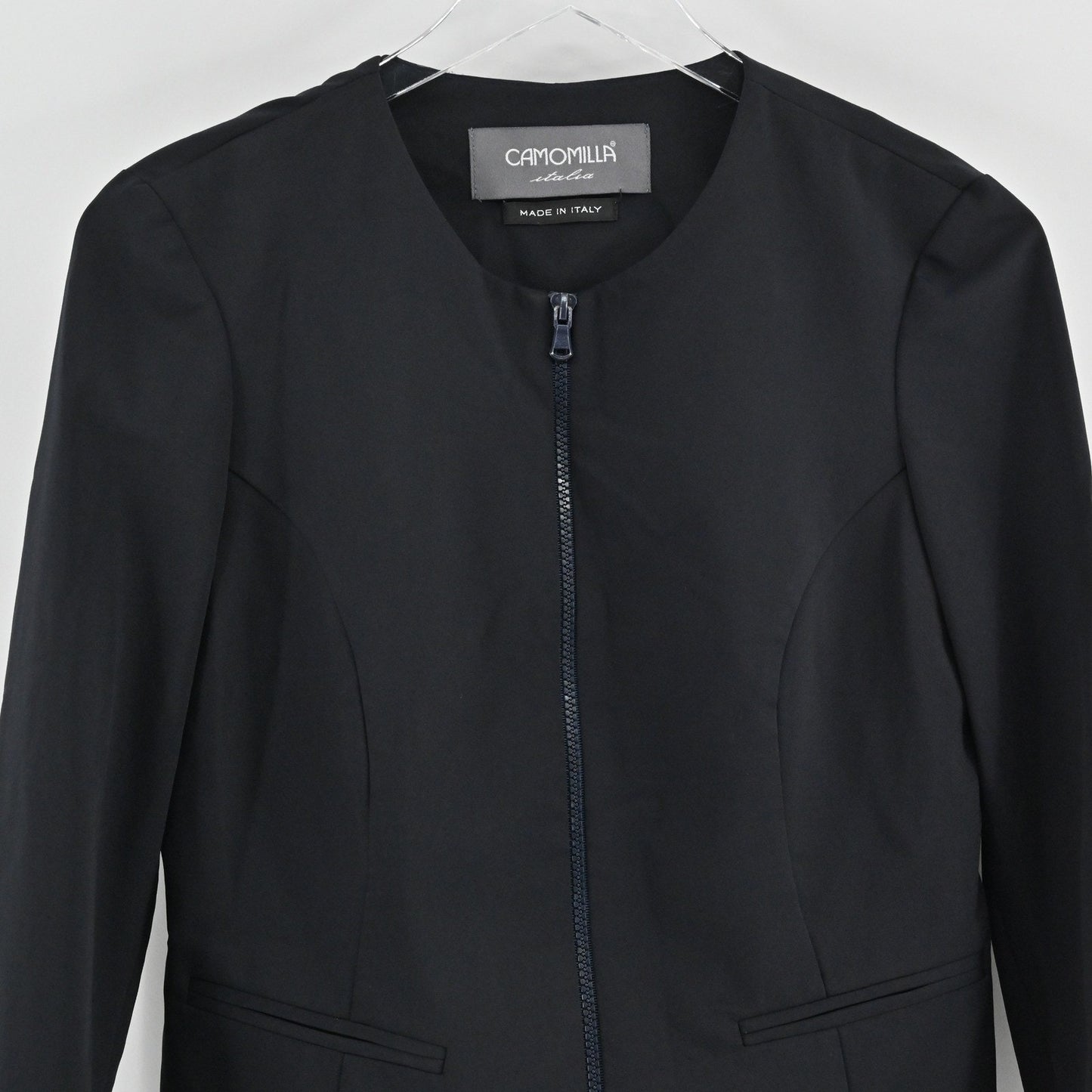 Camomilla Italia Black Zip Front Jacket Size 42 Collarless Blazer Made in Italy