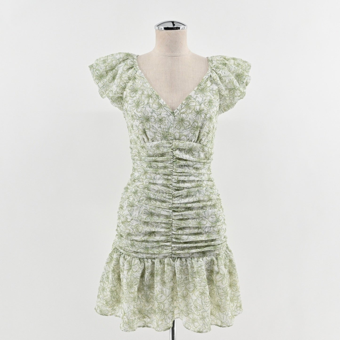En Saison Monique Ruched Floral Mini Dress Size S Romantic Green Puff Sleeve