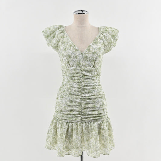 En Saison Monique Ruched Floral Mini Dress Size S Romantic Green Puff Sleeve