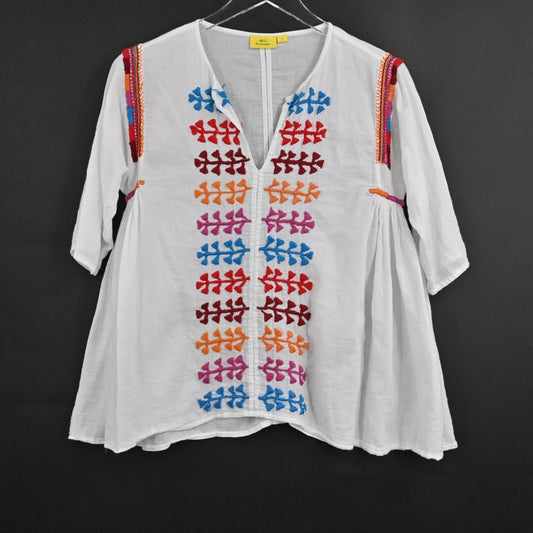 ROLLER RABBIT Top Womens Size S Embroidered Cotton Gauze Split Neck Swing Blouse