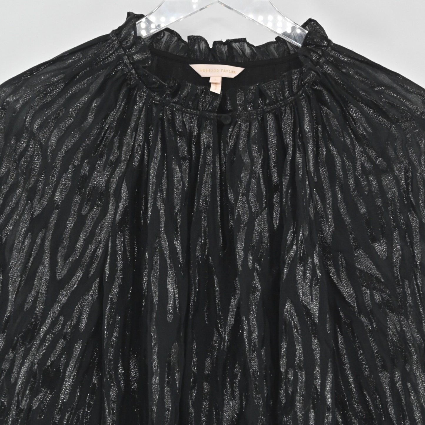 Rebecca Taylor Silk Metallic Top Womens Size 4 Black Safari Ruffle Vamp Glam