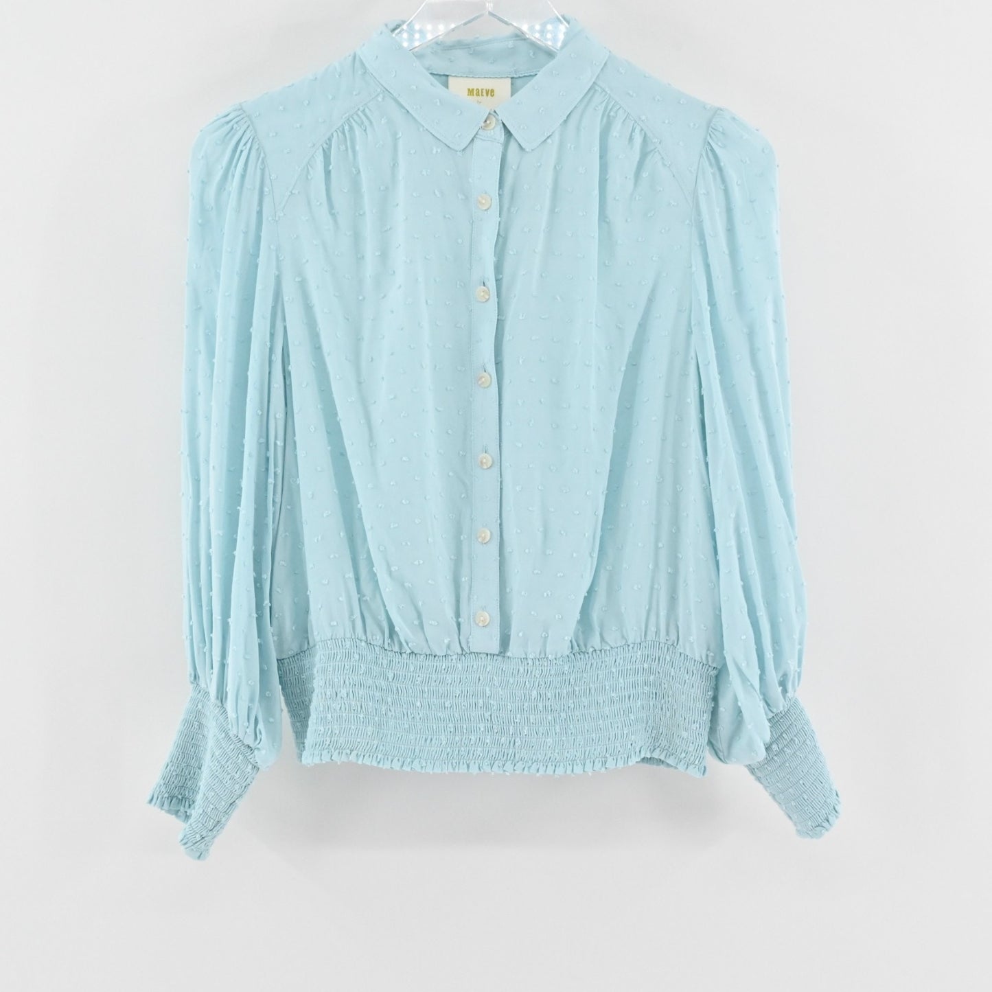 Anthropologie Maeve Womens Rosa Top Size S Blue Swiss Dot Smocked Blouse Boho