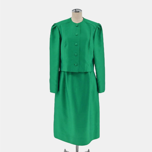 Vtg DONCASTER Womens Green Skirt Suit Sz 12 Button Jacket Knee Length Career 70s