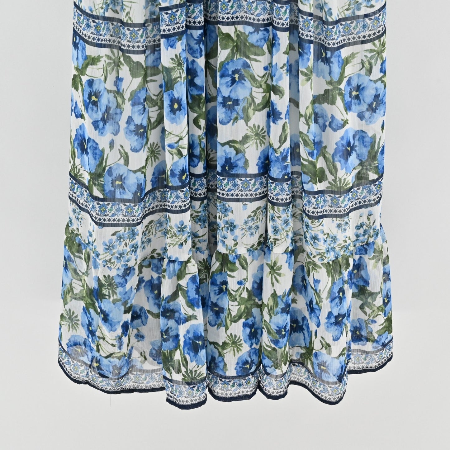 Moon River Ruffled Floral Print Maxi Dress Size L Blue Multi Sleeveless Cut Out