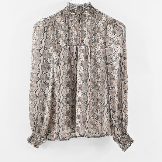 JOIE Smocked Top Womens Size XS Snakeskin Print Mock Neck Chiffon Relaxed Blouse