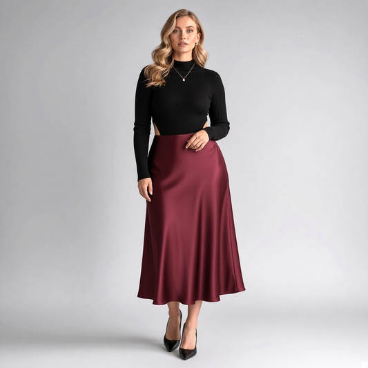 Lynn's Closet Boutique black ribbed mock-neck sweater bodysuit paired with a burgundy satin midi skirt on a model.