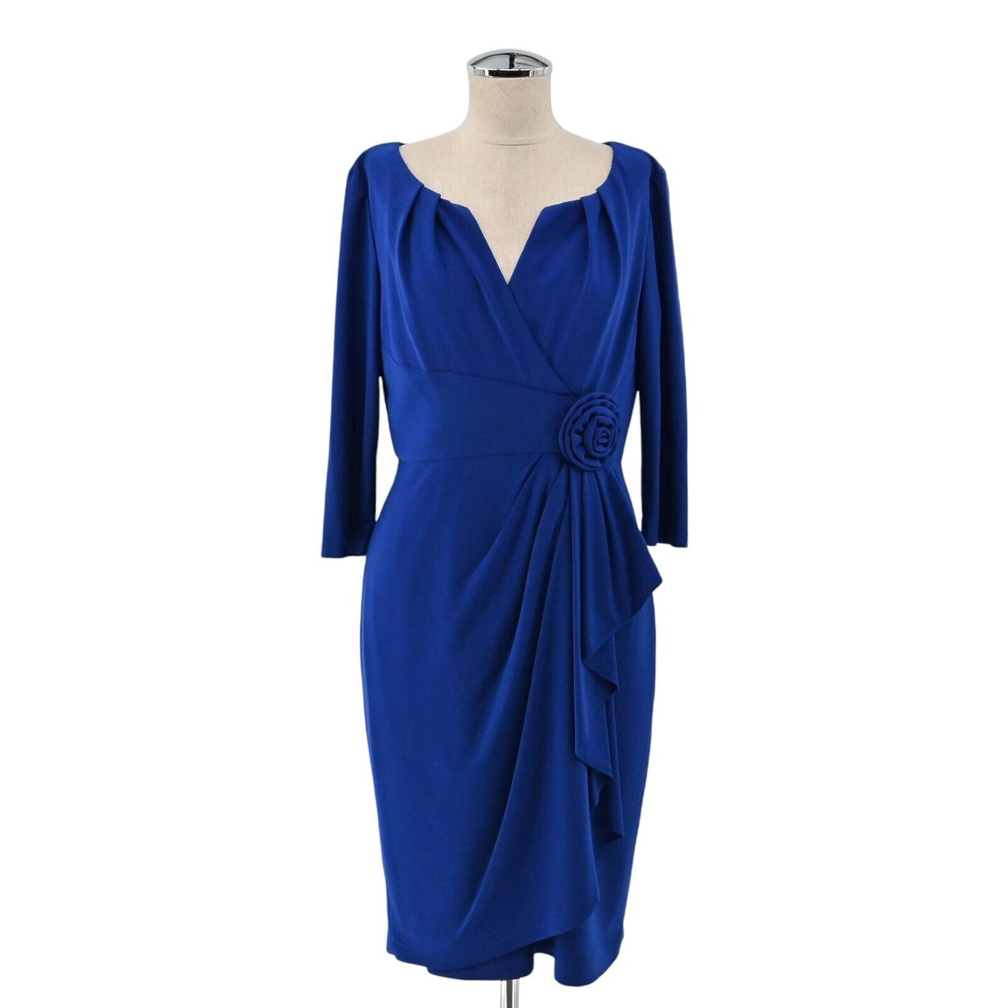 ADRIANNA PAPELL Dress Womens Size 6 Rosette Draped Cascade Solid Indigo Blue