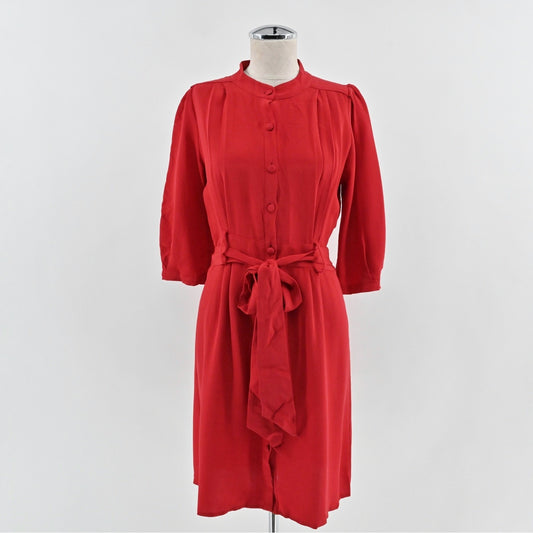 Mason Silk Shirt Dress Sz 4 Red Puff Sleeve Button Front Tie Belt Retro 50s USA