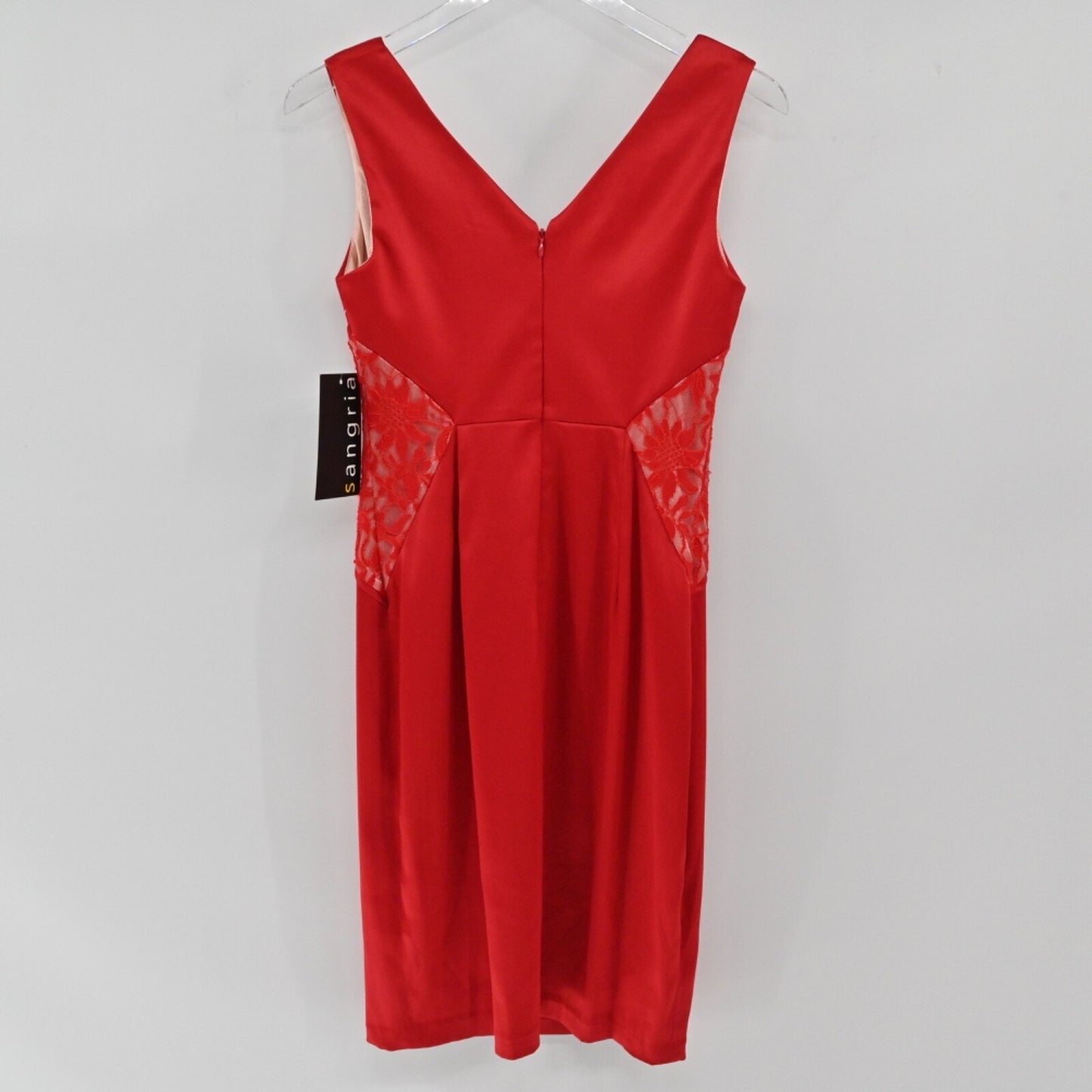 SANGRIA Womens Red Satin Dress Size 2 Lace Inlay Office Siren Cocktail Holiday