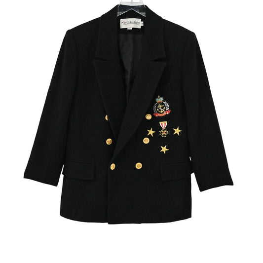 Vtg JH COLLECTIBLES Blazer Womens Sz 6 Black Wool Cashmere Navy Crest Patch 80s