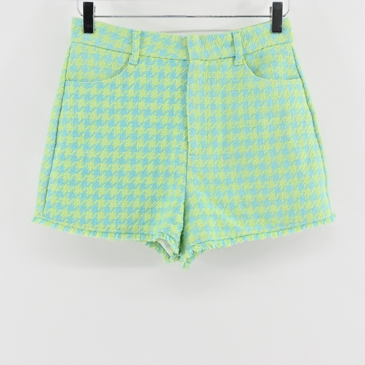 Zara Womens Houndstooth Tweed Frayed Shorts Size S Blue Green High Rise Casual