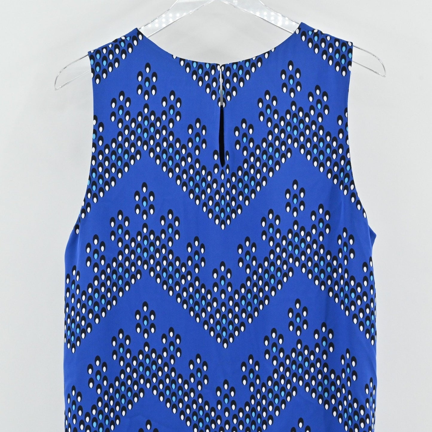 DVF Liza Silk Dress Size L Layered Crepe Ruffle Blue Chevron Sleeveless Elegant