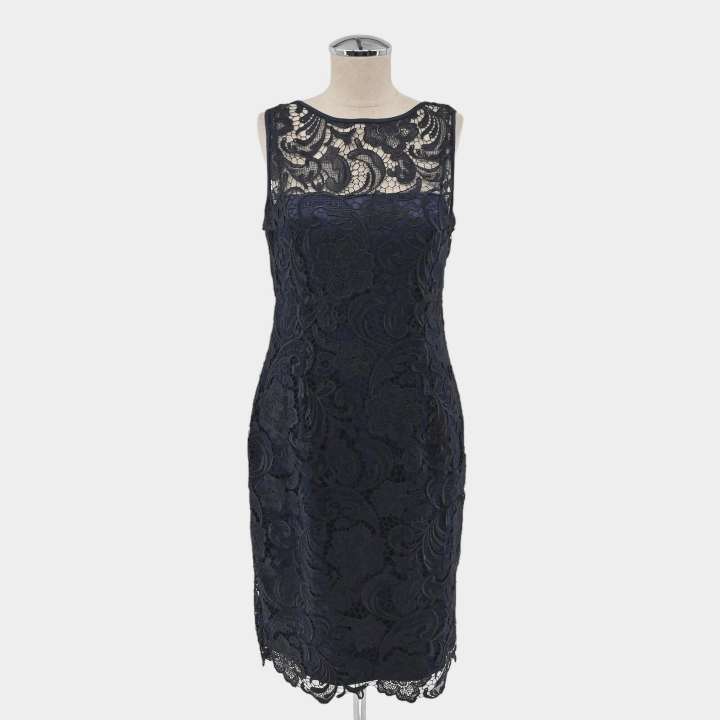 ADRIANNA PAPELL Dress Size 8 Black Blue Illusion Floral Lace Sleeveless Sheath