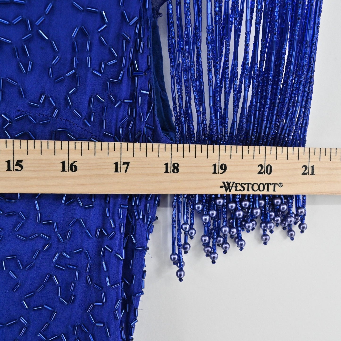 Vtg 80s Niteline Silk Beaded Sequin Dress Size 6 Blue Cocktail High Neck Fringe