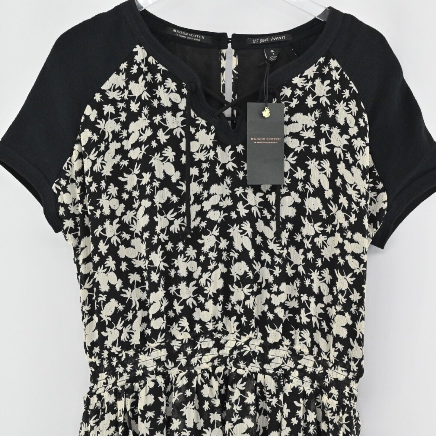 MAISON SCOTCH Dress Womens Size 4 Floral Mini Black Tropical Print Smocked NEW