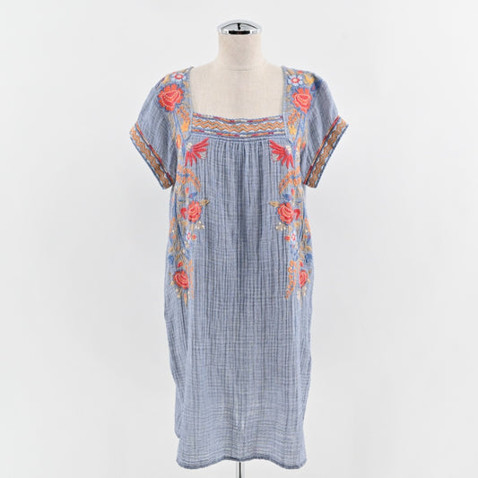 JOHNNY WAS Tikal Dress Sz S Poncho Workshop Floral Embroidered Gauze Square Neck