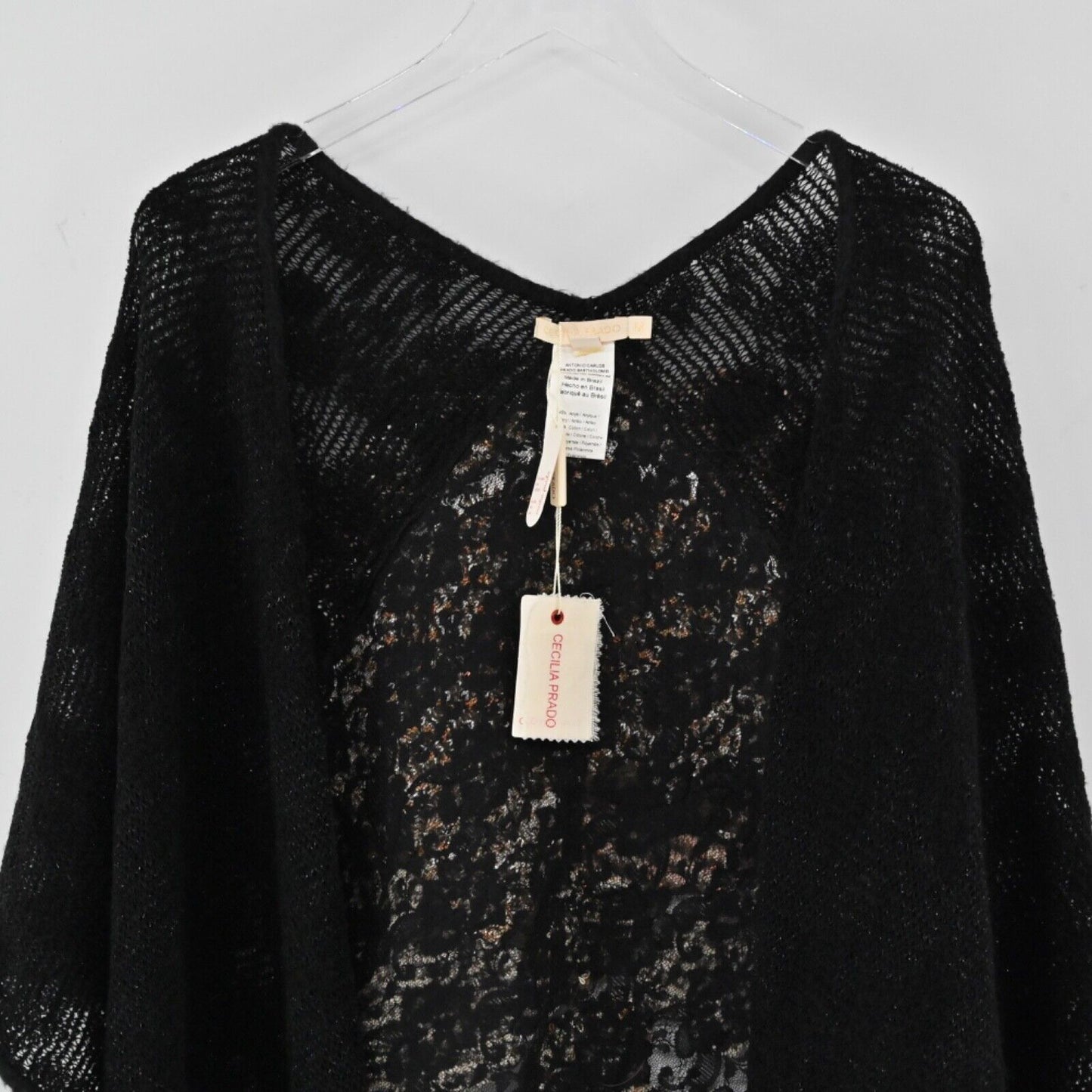 ANTHROPOLOGIE Poncho Womens Size M CECILIA PRADO Black Floral Metallic Wrap NEW