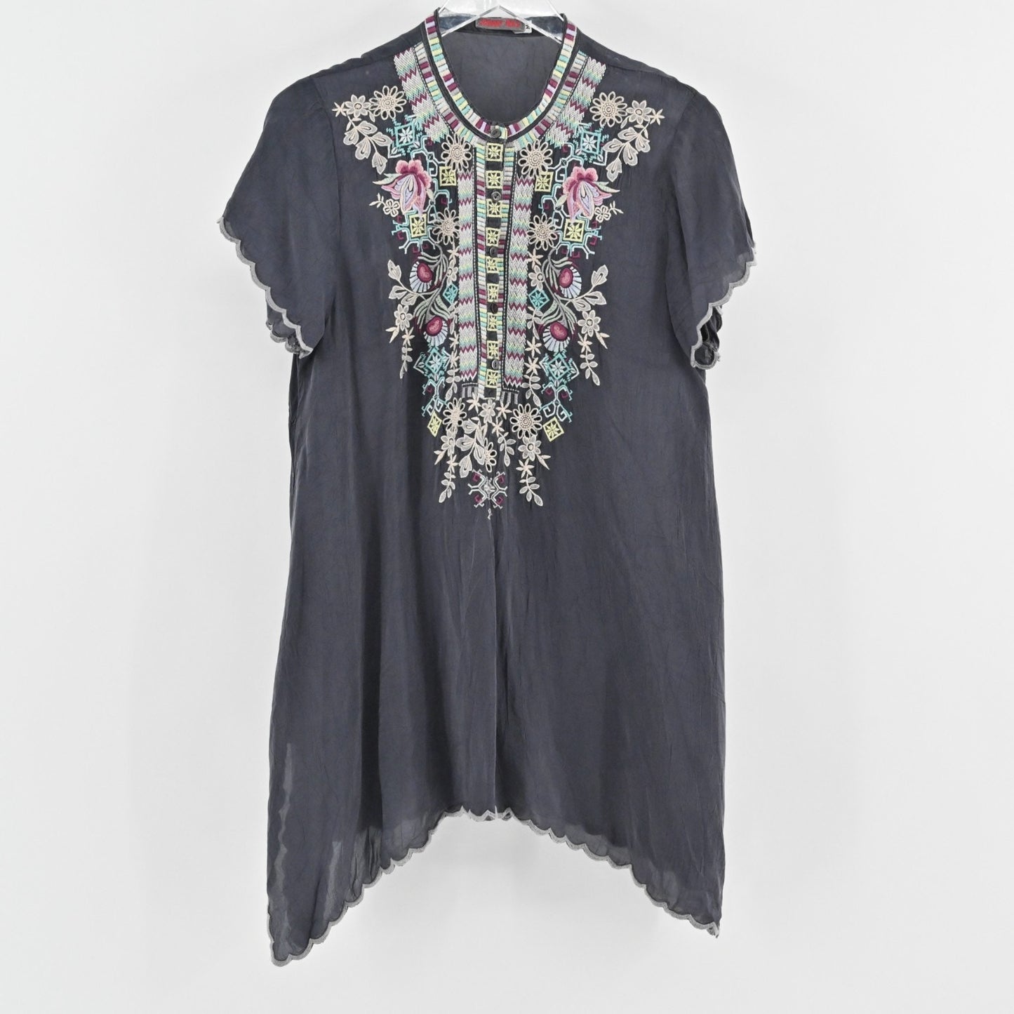 JOHNNY WAS Womens Livana Top Size M Embroidered Floral Gray Tunic Boho Blouse
