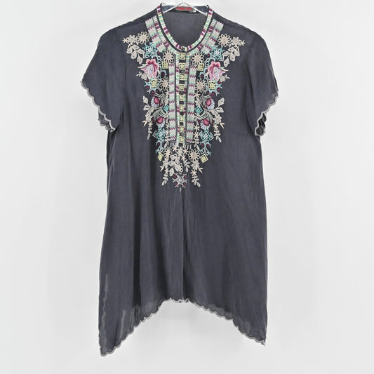 JOHNNY WAS Womens Livana Top Size M Embroidered Floral Gray Tunic Boho Blouse