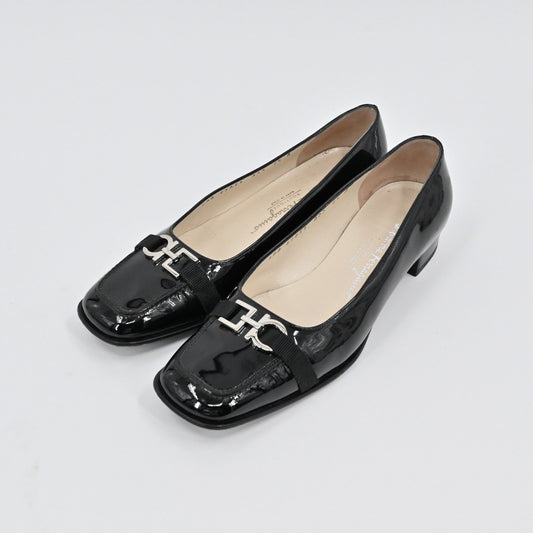 Salvatore Ferragamo Patent Leather Pumps Womens Size 6.5B Black Buckle Block