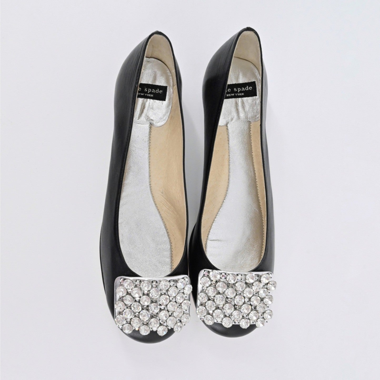 Kate Spade Rhinestone Flats Womens Size 7B Black Leather Embellished Ballet Chic