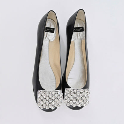 Kate Spade Rhinestone Flats Womens Size 7B Black Leather Embellished Ballet Chic