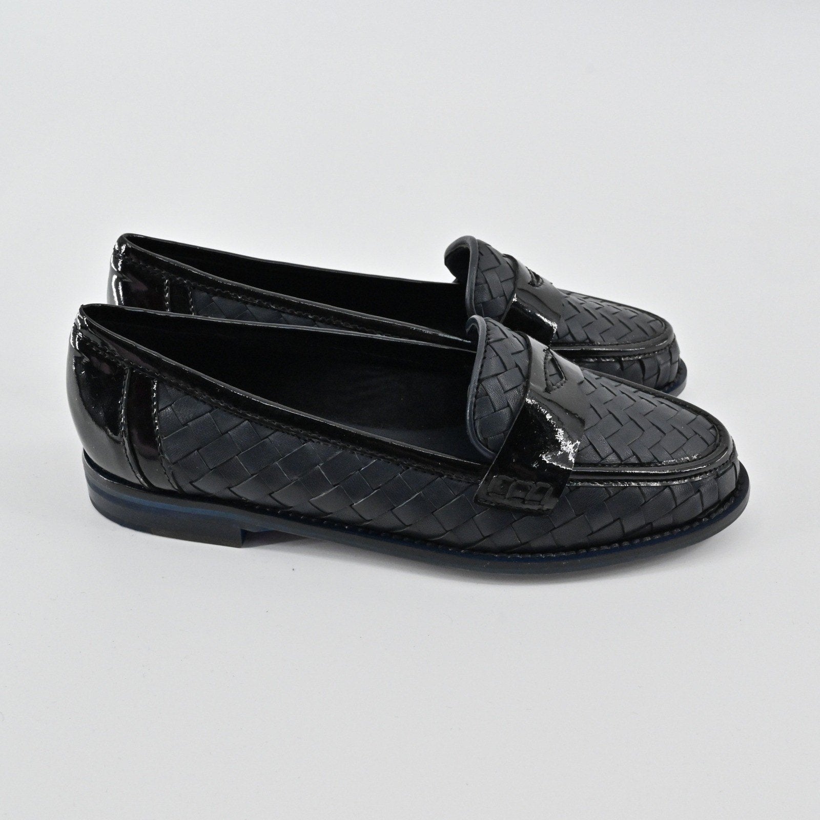 Sesto Meucci Woven Leather Penny Loafers Womens Size 6.5 Navy Italy Luxury Chic