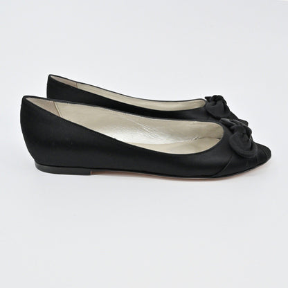 Anne Klein Peep Toe Ballet Flats Womens Size 7 Black Bow Casual Classic Satin