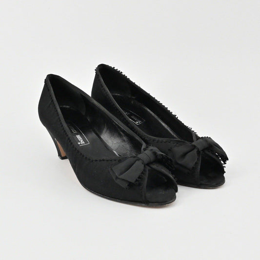 Geoffrey Beene Bow Peep Toe Pumps Womens Size 6.5 Black Satin Classic Vtg Y2k