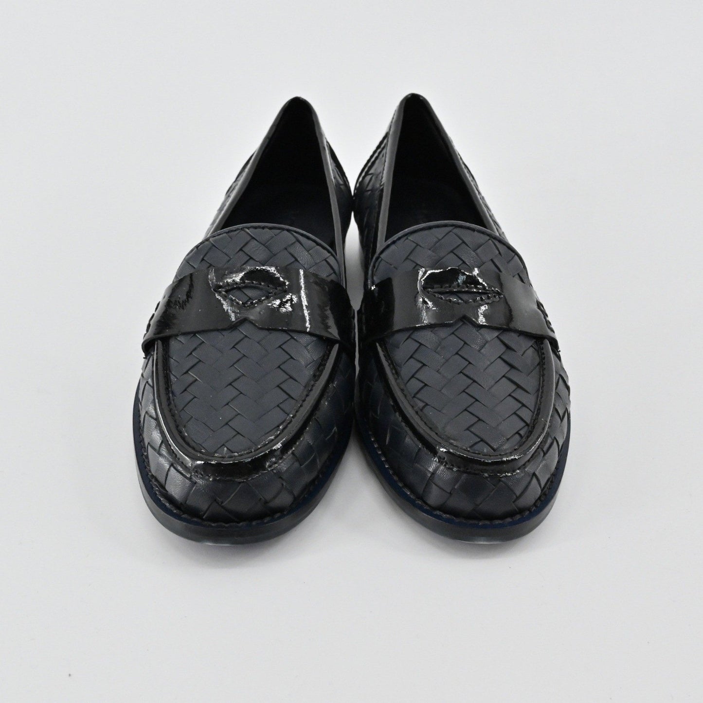 Sesto Meucci Woven Leather Penny Loafers Womens Size 6.5 Navy Italy Luxury Chic