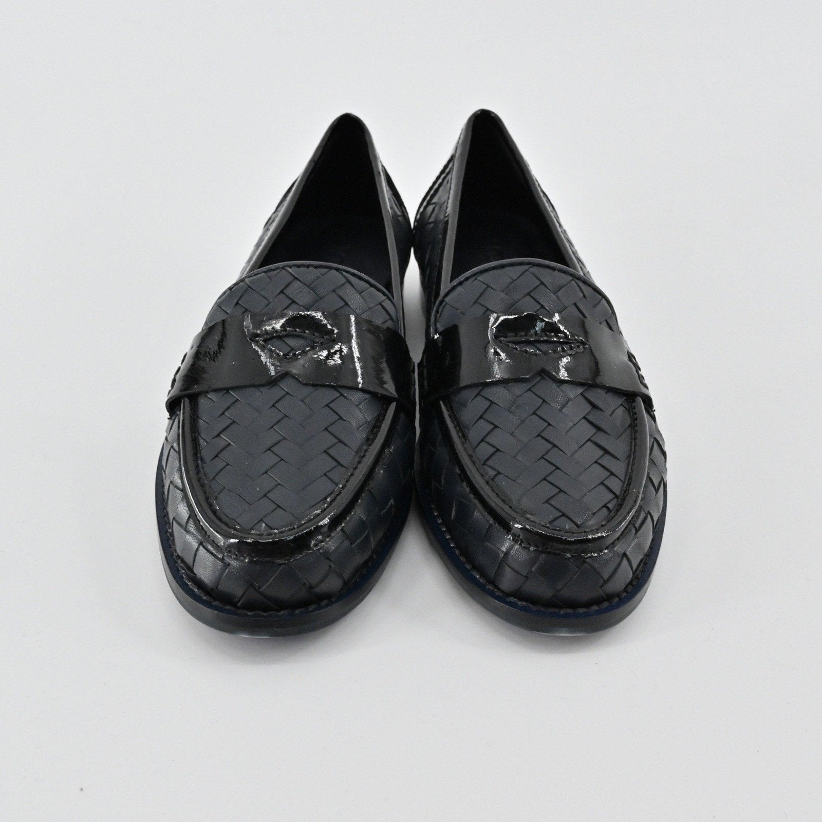 Sesto Meucci Woven Leather Penny Loafers Womens Size 6.5 Navy Italy Luxury Chic