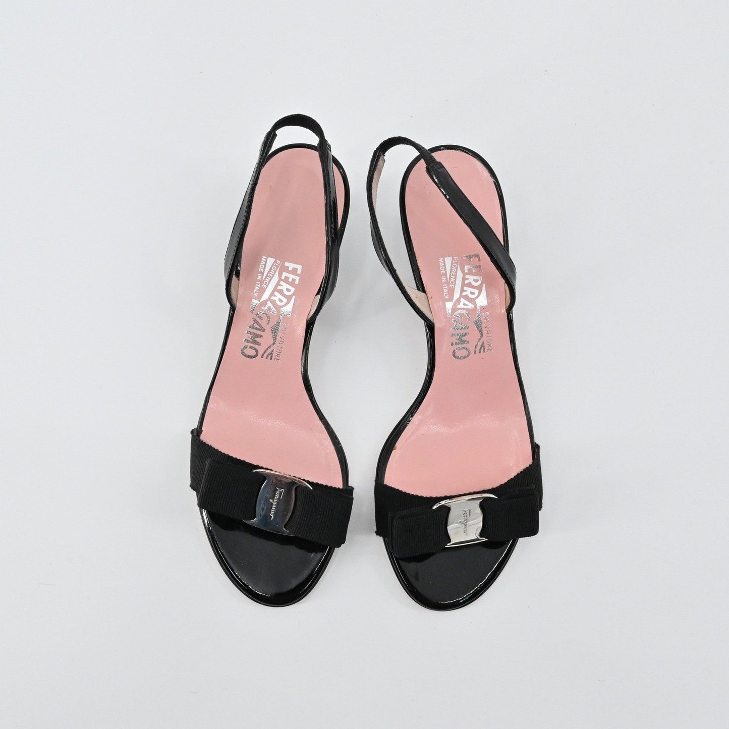 Salvatore Ferragamo Slingback Heels Womens Size 6.5 Black Patent Bow Elegant