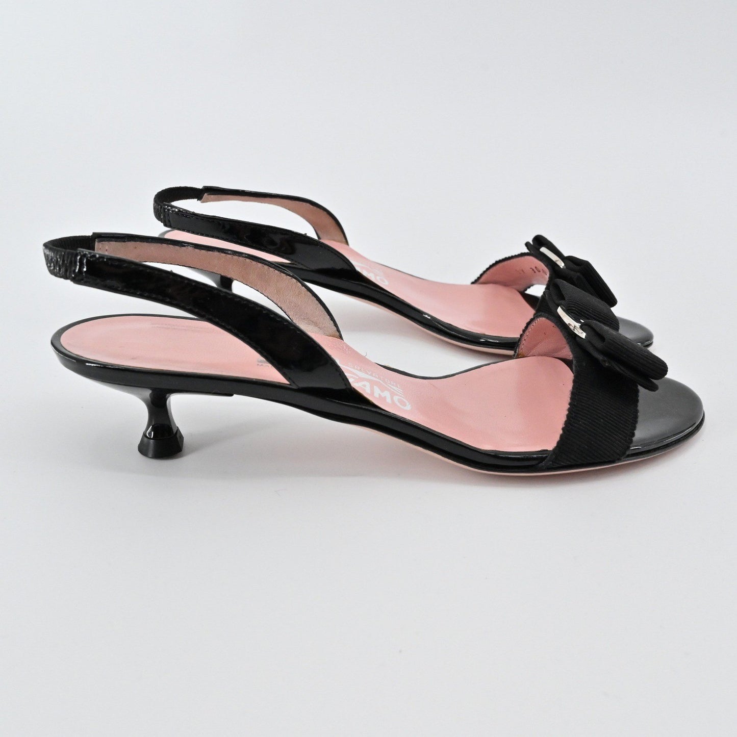 Salvatore Ferragamo Slingback Heels Womens Size 6.5 Black Patent Bow Elegant