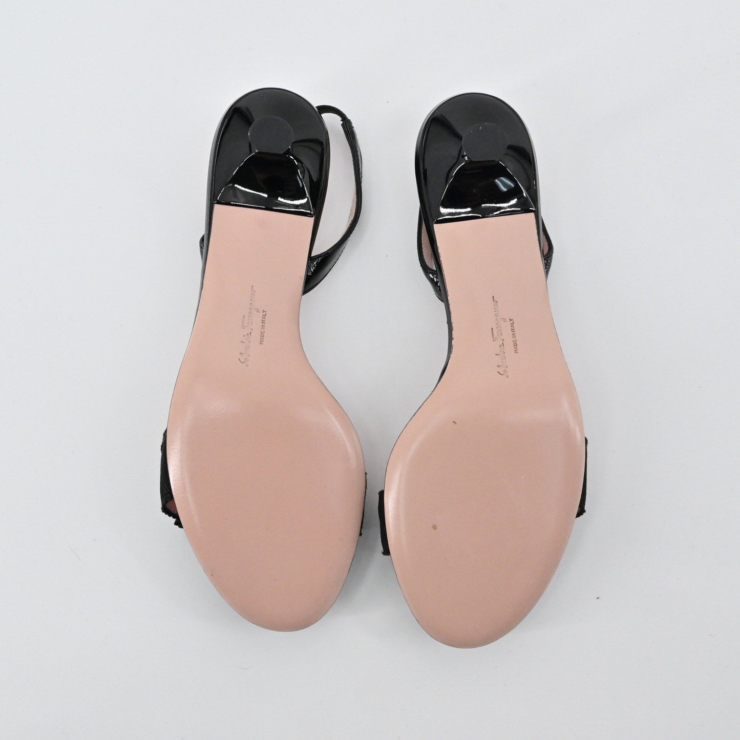 Salvatore Ferragamo Slingback Heels Womens Size 6.5 Black Patent Bow Elegant