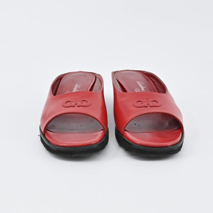 Salvatore Ferragamo Slide Wedges Womens Size 7B Red Logo Open Toe Comfort Preppy