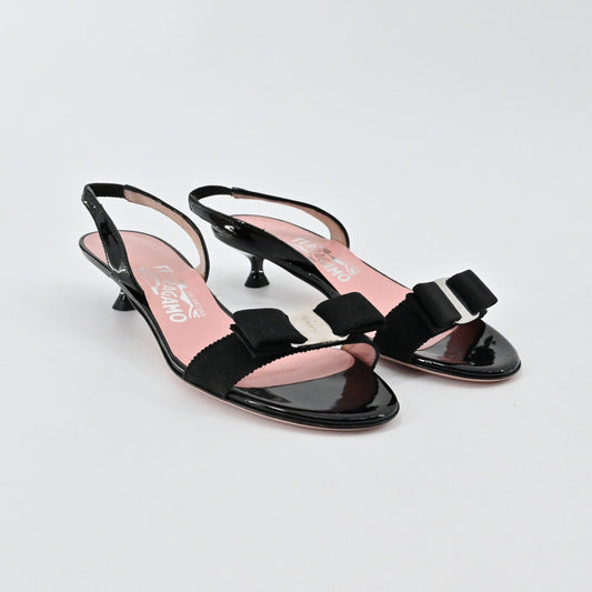 Salvatore Ferragamo Slingback Heels Womens Size 6.5 Black Patent Bow Elegant