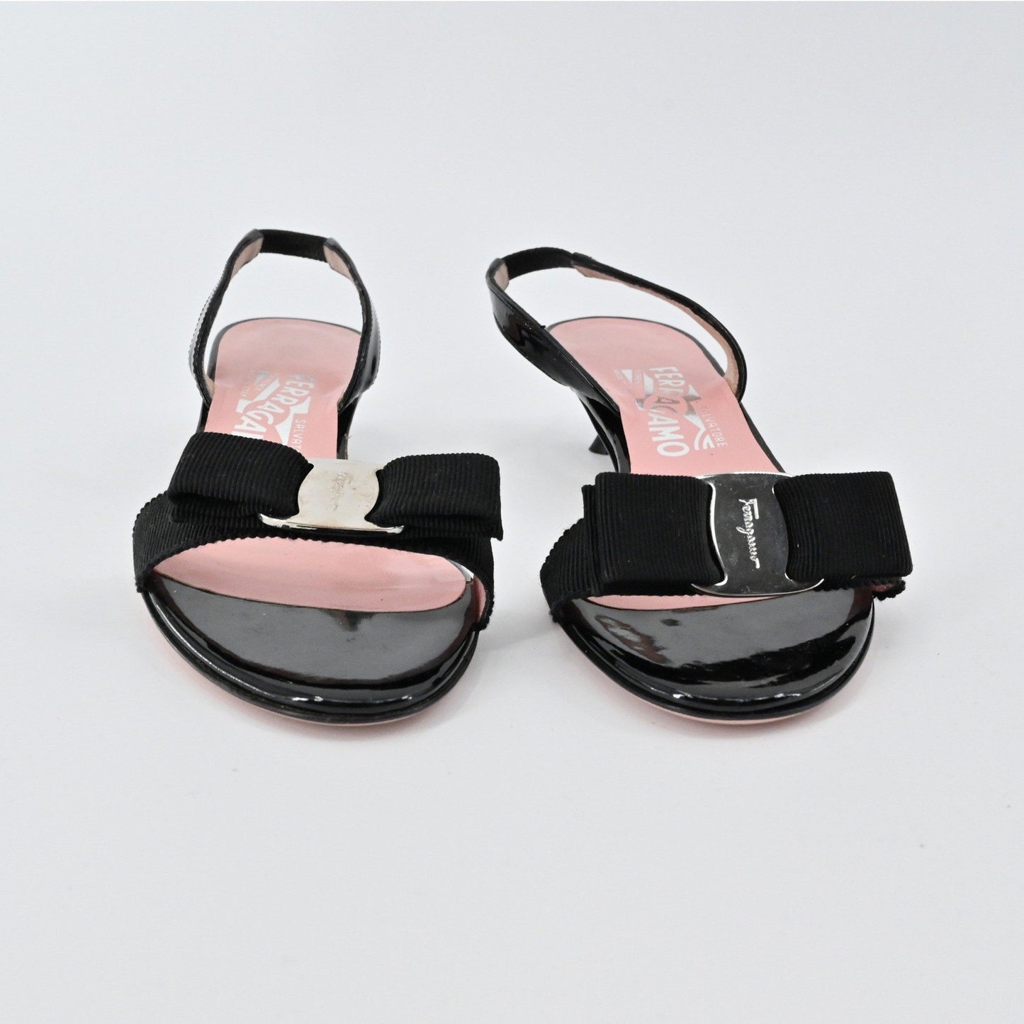 Salvatore Ferragamo Slingback Heels Womens Size 6.5 Black Patent Bow Elegant