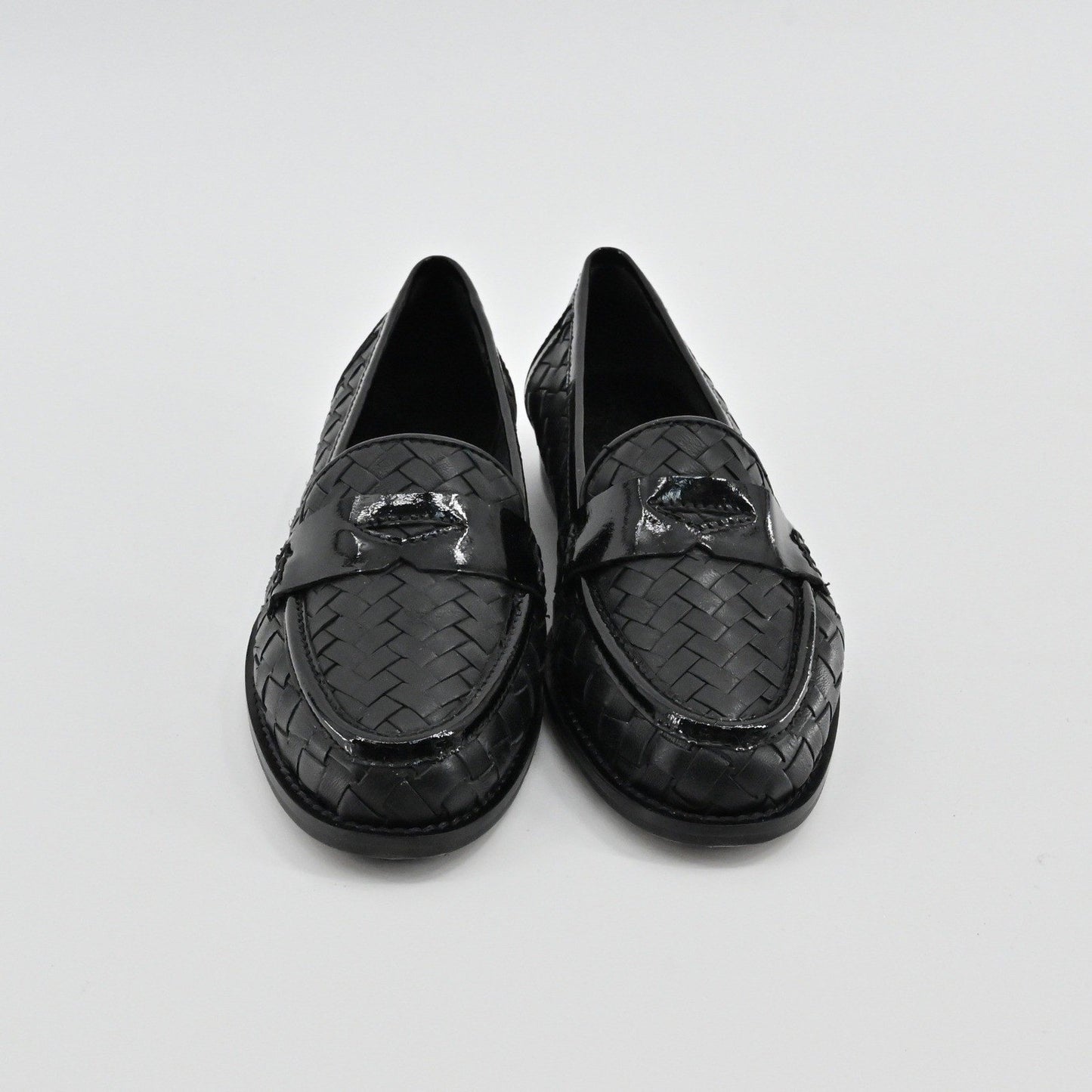 Sesto Meucci Woven Leather Penny Loafers Womens Size 6.5 Black Italy Luxury Chic