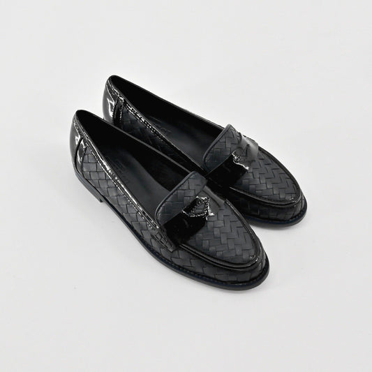 Sesto Meucci Woven Leather Penny Loafers Womens Size 6.5 Black Italy Luxury Chic