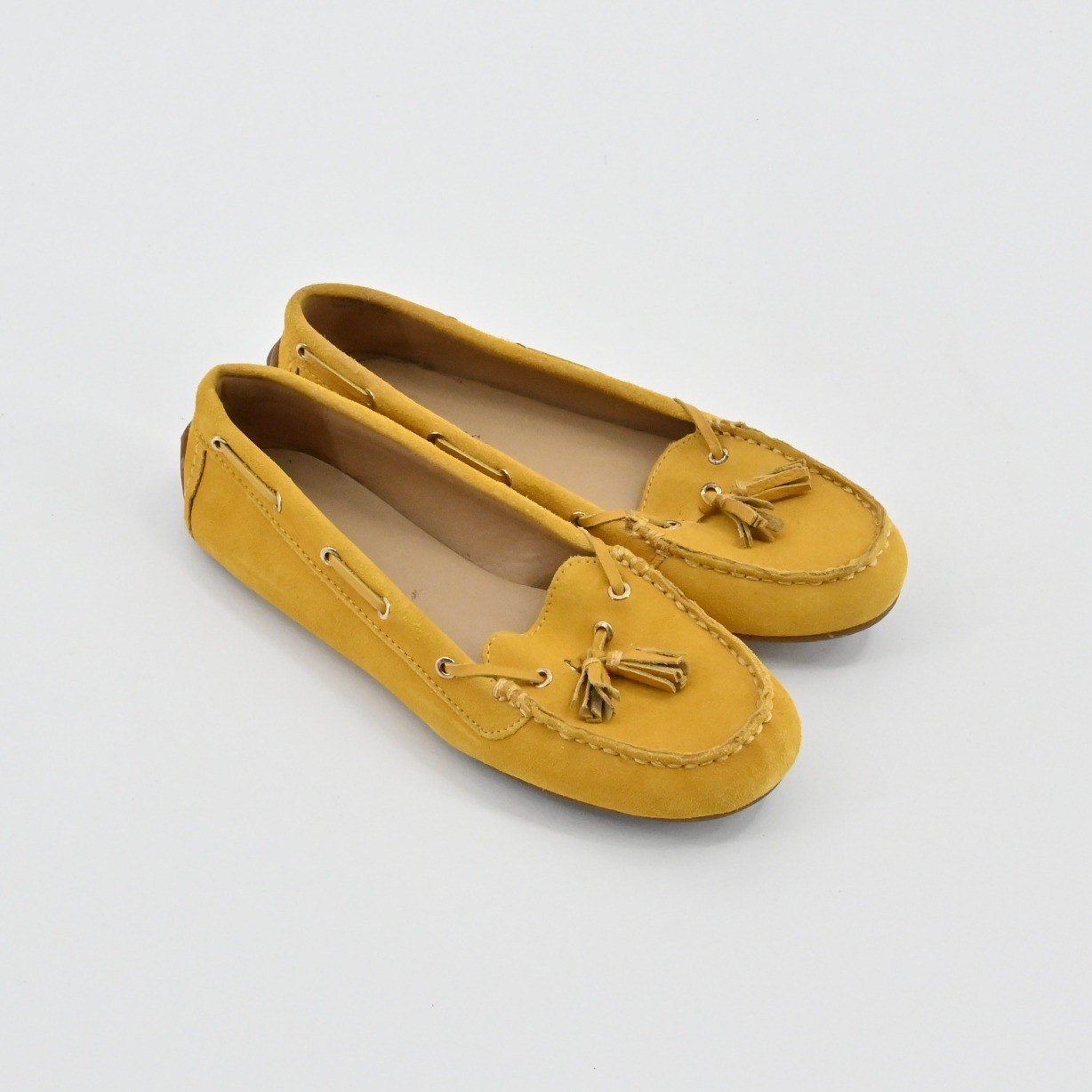 Talbots Tassel Moccasin Loafer Shoes Womens Size 7 Mustard Yellow Suede Leather