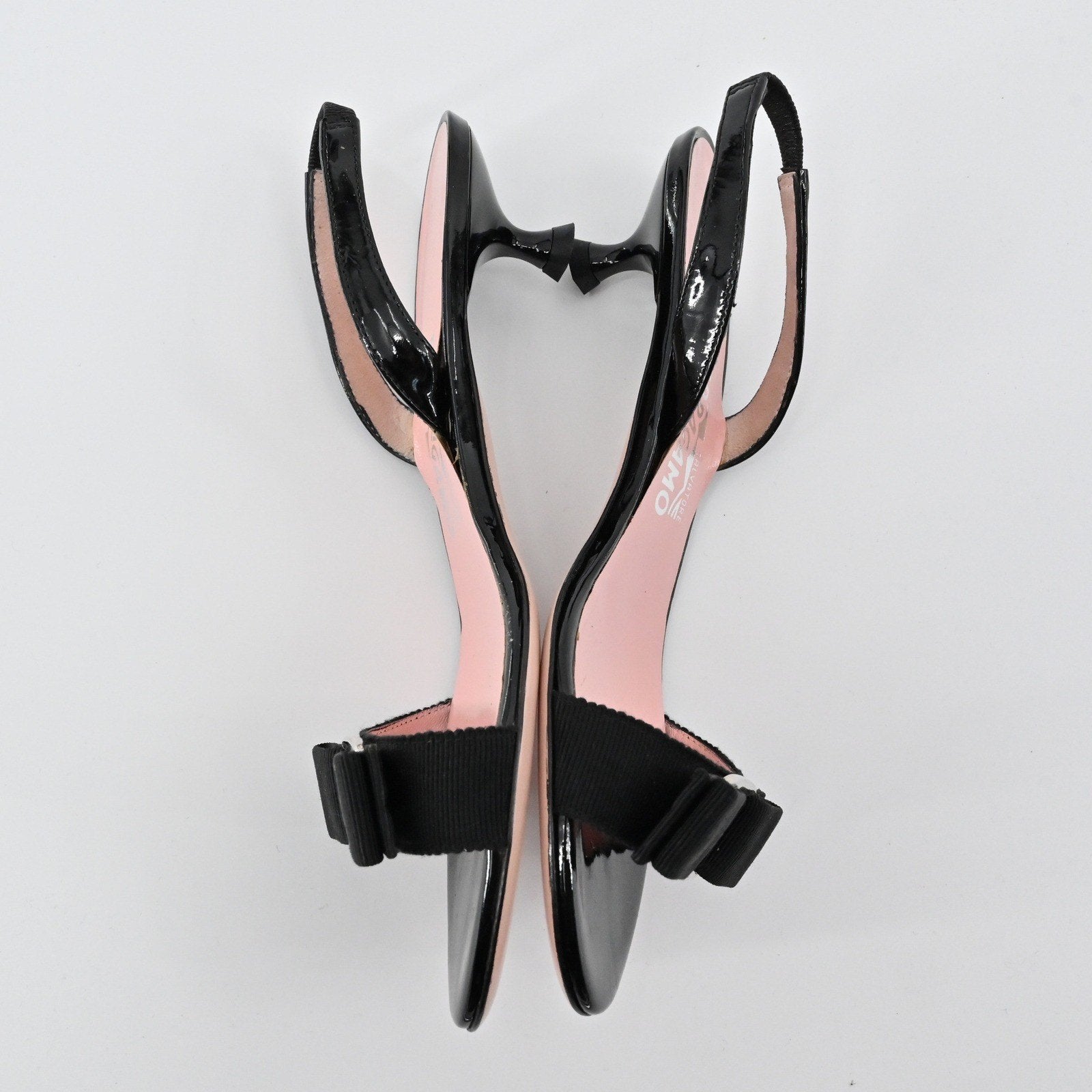 Salvatore Ferragamo Slingback Heels Womens Size 6.5 Black Patent Bow Elegant