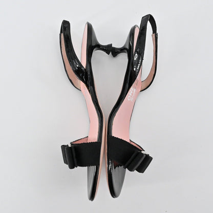 Salvatore Ferragamo Slingback Heels Womens Size 6.5 Black Patent Bow Elegant