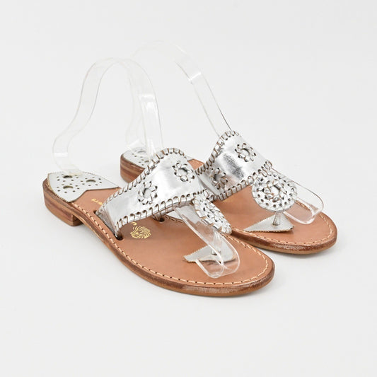 Jack Rogers Georgica Thong Sandals Womens Size 6 Silver Glam Leather Whipstitch