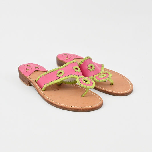Jack Rogers Georgica Thong Sandals Womens Size 6 Pink Green Leather Whipstitch